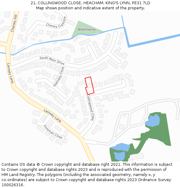 21, COLLINGWOOD CLOSE, HEACHAM, KING'S LYNN, PE31 7LD: Location map and indicative extent of plot