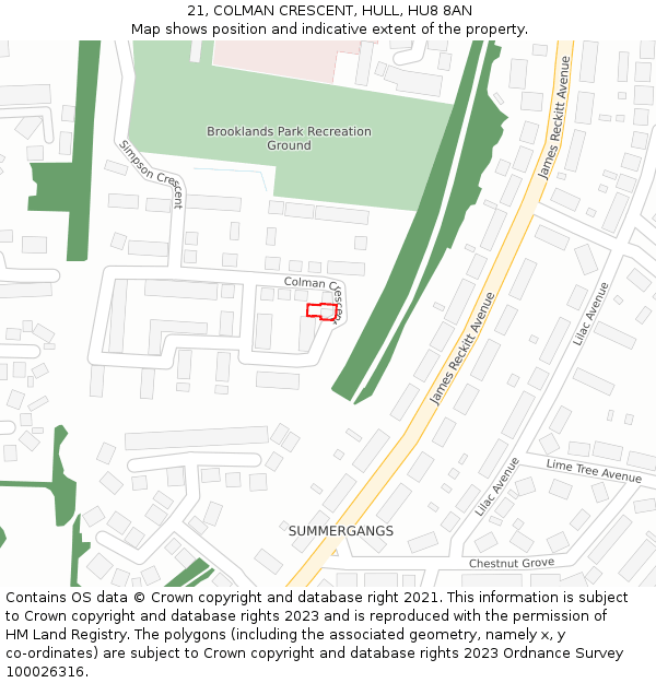 21, COLMAN CRESCENT, HULL, HU8 8AN: Location map and indicative extent of plot