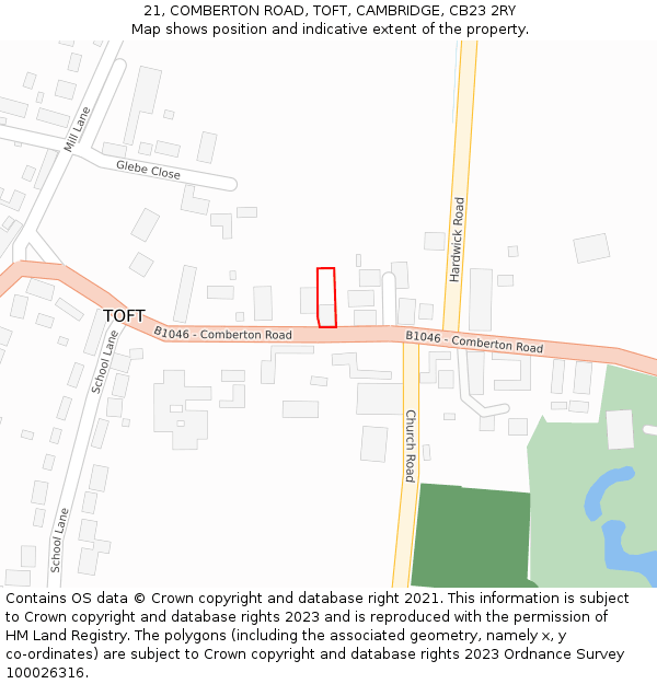 21, COMBERTON ROAD, TOFT, CAMBRIDGE, CB23 2RY: Location map and indicative extent of plot