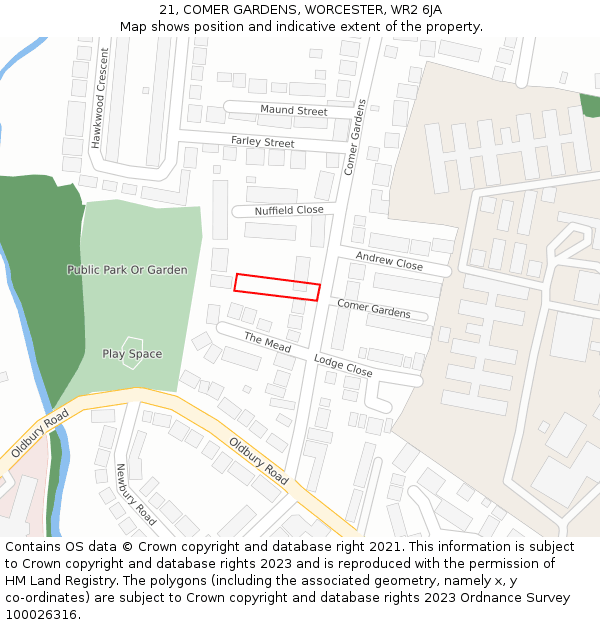 21, COMER GARDENS, WORCESTER, WR2 6JA: Location map and indicative extent of plot