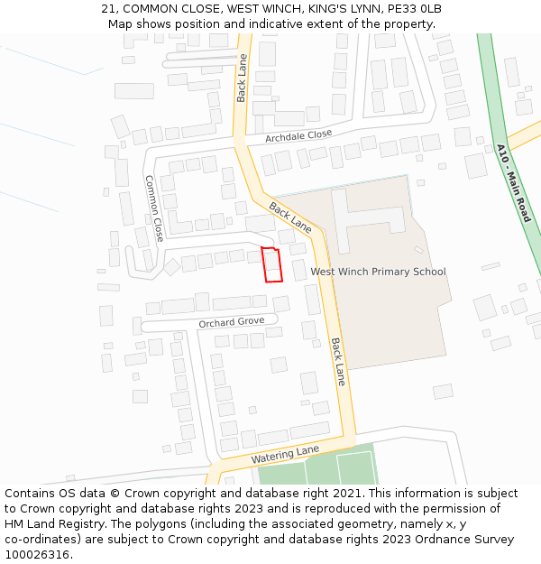 21, COMMON CLOSE, WEST WINCH, KING'S LYNN, PE33 0LB: Location map and indicative extent of plot