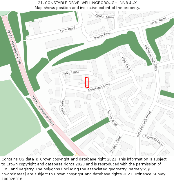 21, CONSTABLE DRIVE, WELLINGBOROUGH, NN8 4UX: Location map and indicative extent of plot