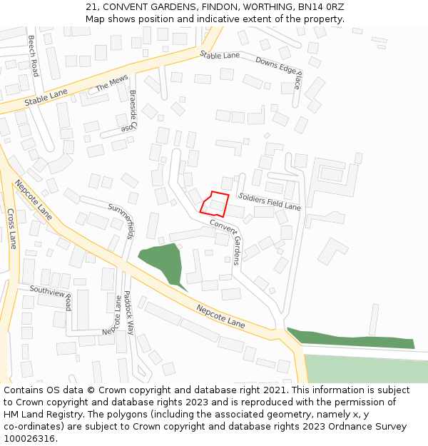 21, CONVENT GARDENS, FINDON, WORTHING, BN14 0RZ: Location map and indicative extent of plot