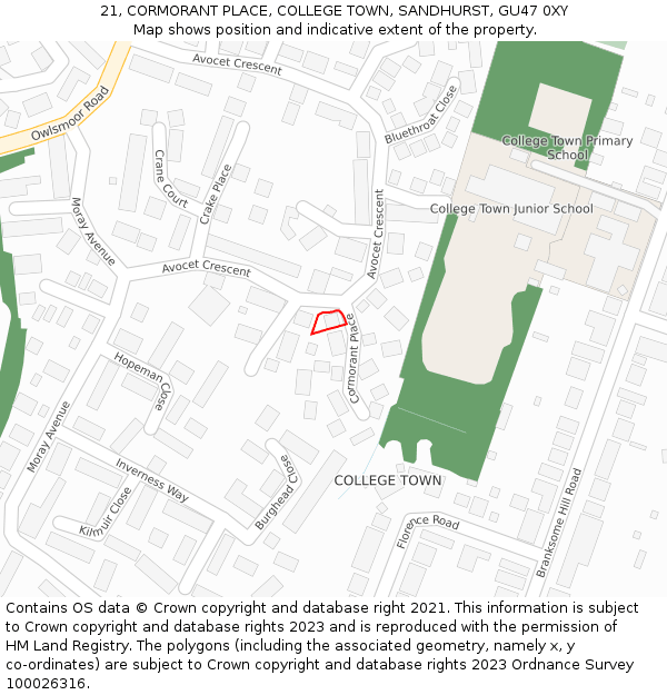 21, CORMORANT PLACE, COLLEGE TOWN, SANDHURST, GU47 0XY: Location map and indicative extent of plot