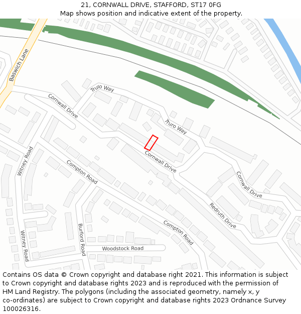 21, CORNWALL DRIVE, STAFFORD, ST17 0FG: Location map and indicative extent of plot