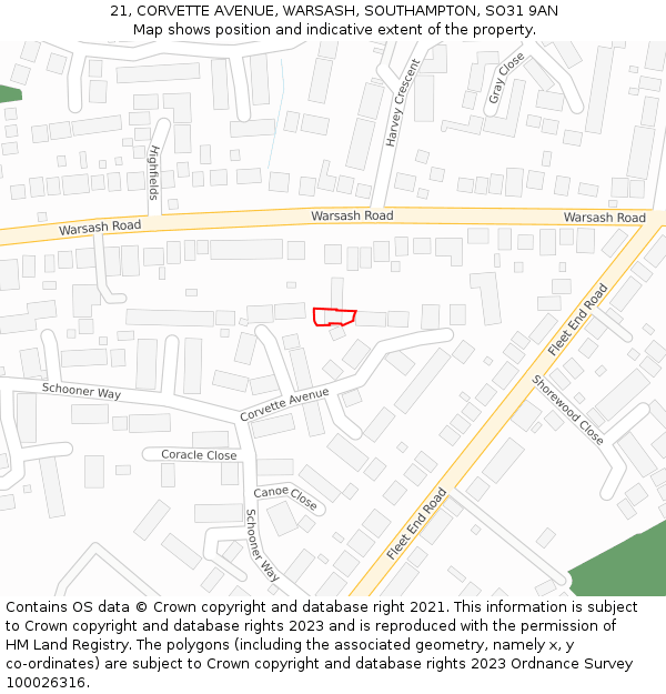 21, CORVETTE AVENUE, WARSASH, SOUTHAMPTON, SO31 9AN: Location map and indicative extent of plot