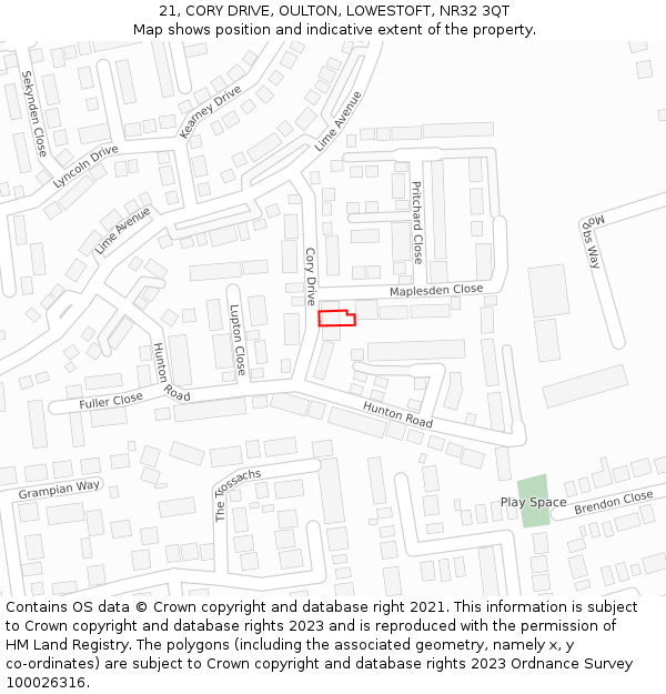 21, CORY DRIVE, OULTON, LOWESTOFT, NR32 3QT: Location map and indicative extent of plot
