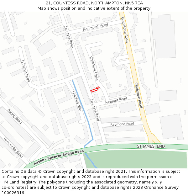 21, COUNTESS ROAD, NORTHAMPTON, NN5 7EA: Location map and indicative extent of plot