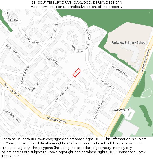 21, COUNTISBURY DRIVE, OAKWOOD, DERBY, DE21 2PA: Location map and indicative extent of plot
