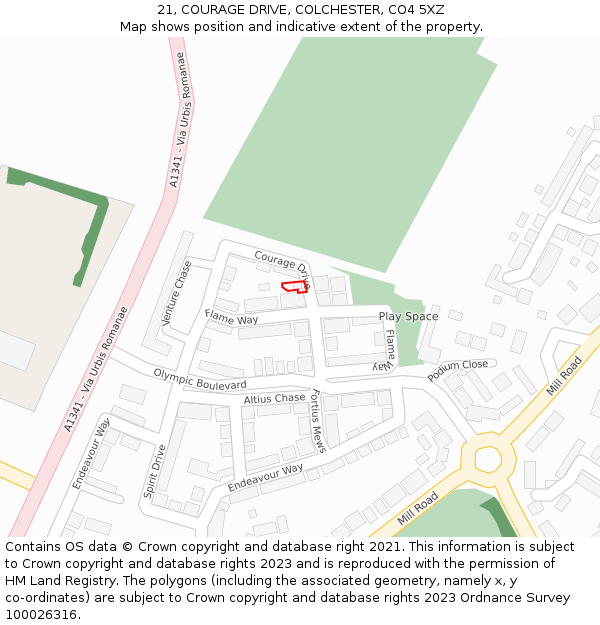 21, COURAGE DRIVE, COLCHESTER, CO4 5XZ: Location map and indicative extent of plot