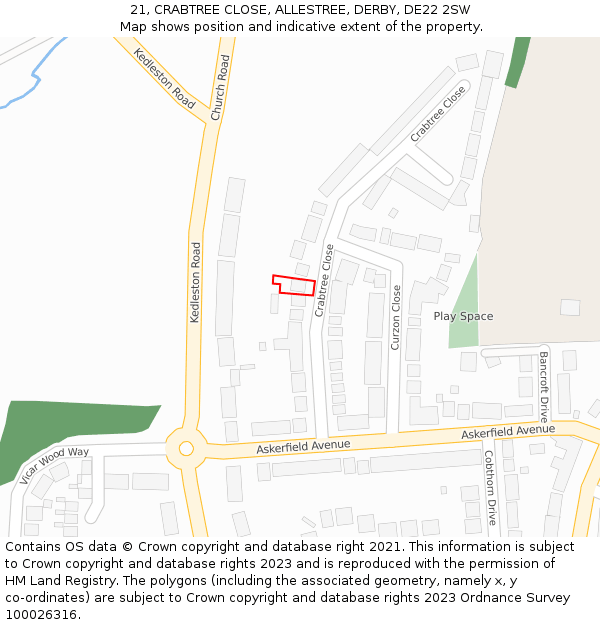 21, CRABTREE CLOSE, ALLESTREE, DERBY, DE22 2SW: Location map and indicative extent of plot