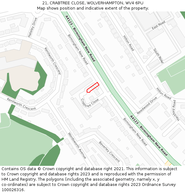 21, CRABTREE CLOSE, WOLVERHAMPTON, WV4 6PU: Location map and indicative extent of plot