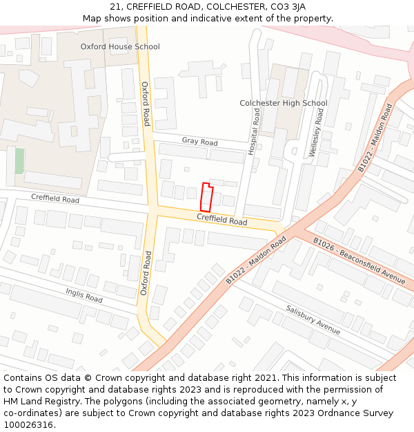 21, CREFFIELD ROAD, COLCHESTER, CO3 3JA: Location map and indicative extent of plot