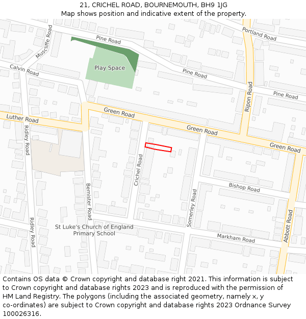21, CRICHEL ROAD, BOURNEMOUTH, BH9 1JG: Location map and indicative extent of plot