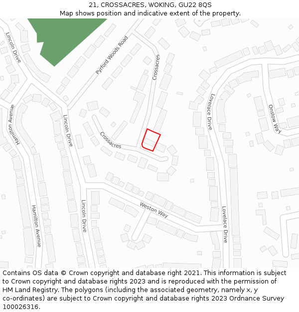 21, CROSSACRES, WOKING, GU22 8QS: Location map and indicative extent of plot