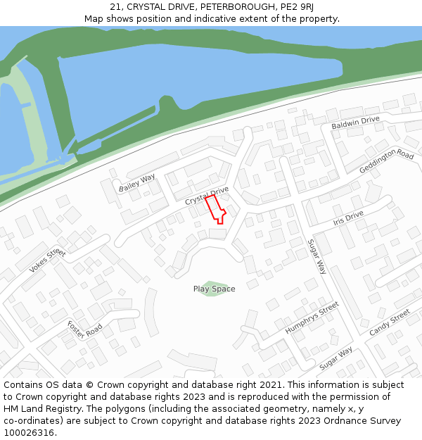 21, CRYSTAL DRIVE, PETERBOROUGH, PE2 9RJ: Location map and indicative extent of plot