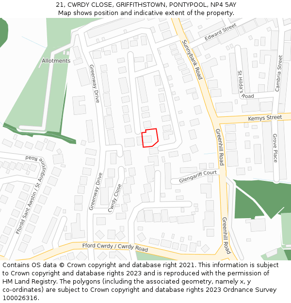 21, CWRDY CLOSE, GRIFFITHSTOWN, PONTYPOOL, NP4 5AY: Location map and indicative extent of plot