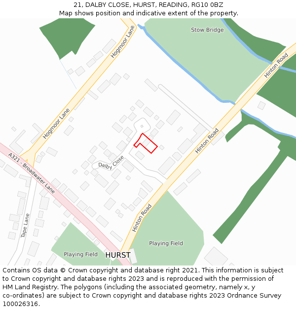21, DALBY CLOSE, HURST, READING, RG10 0BZ: Location map and indicative extent of plot