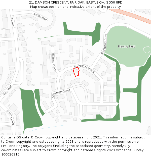 21, DAMSON CRESCENT, FAIR OAK, EASTLEIGH, SO50 8RD: Location map and indicative extent of plot