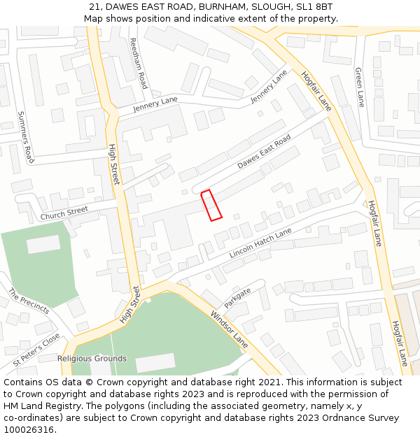 21, DAWES EAST ROAD, BURNHAM, SLOUGH, SL1 8BT: Location map and indicative extent of plot