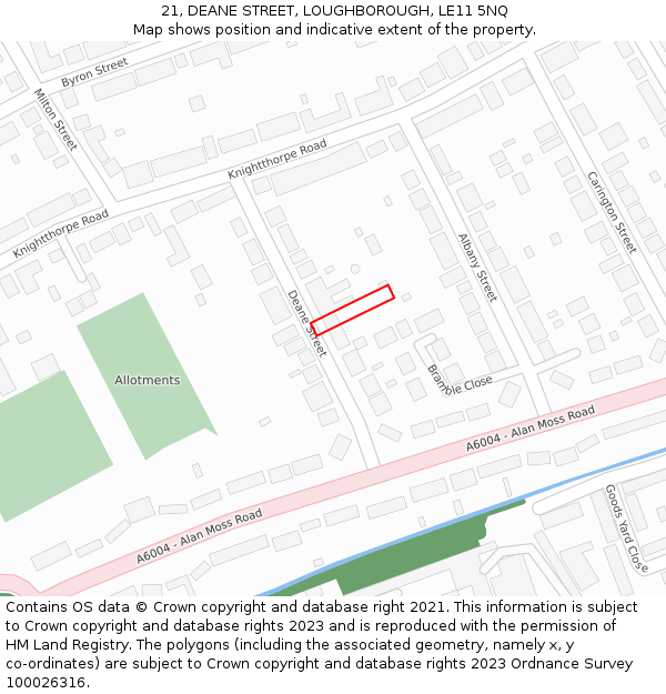 21, DEANE STREET, LOUGHBOROUGH, LE11 5NQ: Location map and indicative extent of plot