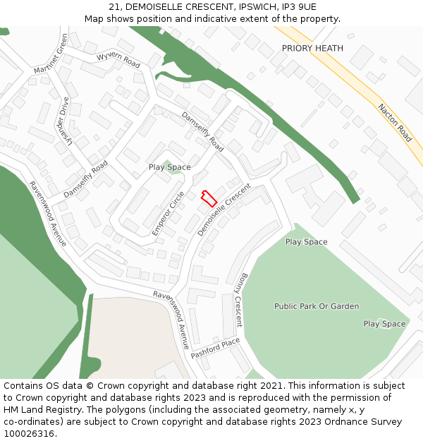 21, DEMOISELLE CRESCENT, IPSWICH, IP3 9UE: Location map and indicative extent of plot