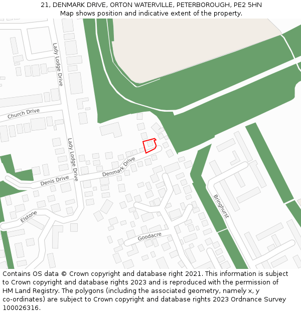 21, DENMARK DRIVE, ORTON WATERVILLE, PETERBOROUGH, PE2 5HN: Location map and indicative extent of plot
