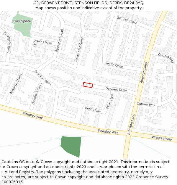 21, DERWENT DRIVE, STENSON FIELDS, DERBY, DE24 3AQ: Location map and indicative extent of plot
