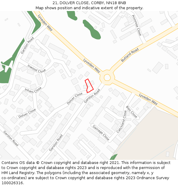 21, DOLVER CLOSE, CORBY, NN18 8NB: Location map and indicative extent of plot