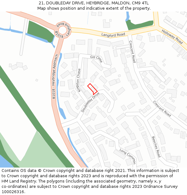 21, DOUBLEDAY DRIVE, HEYBRIDGE, MALDON, CM9 4TL: Location map and indicative extent of plot
