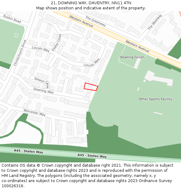 21, DOWNING WAY, DAVENTRY, NN11 4TN: Location map and indicative extent of plot