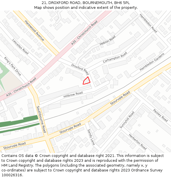 21, DROXFORD ROAD, BOURNEMOUTH, BH6 5PL: Location map and indicative extent of plot