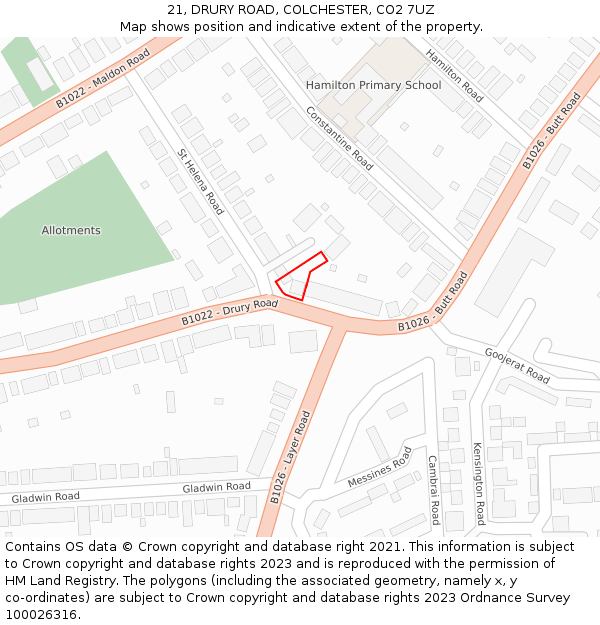 21, DRURY ROAD, COLCHESTER, CO2 7UZ: Location map and indicative extent of plot