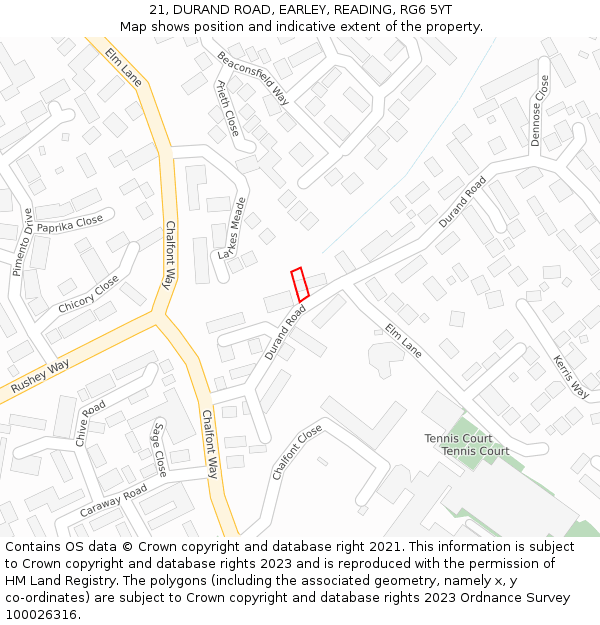 21, DURAND ROAD, EARLEY, READING, RG6 5YT: Location map and indicative extent of plot