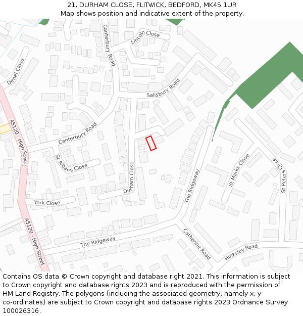 21, DURHAM CLOSE, FLITWICK, BEDFORD, MK45 1UR: Location map and indicative extent of plot