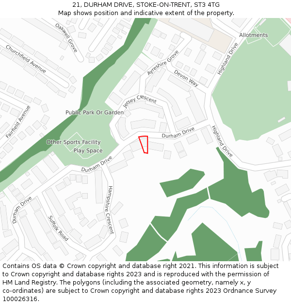 21, DURHAM DRIVE, STOKE-ON-TRENT, ST3 4TG: Location map and indicative extent of plot