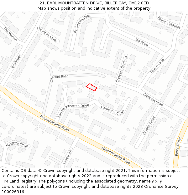 21, EARL MOUNTBATTEN DRIVE, BILLERICAY, CM12 0ED: Location map and indicative extent of plot