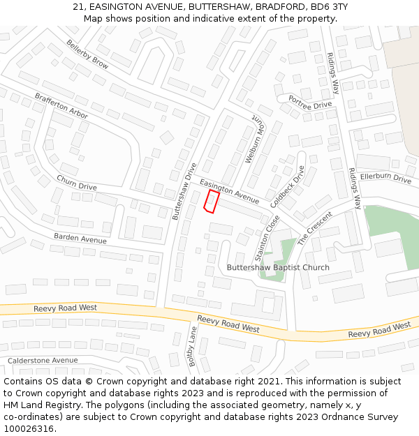 21, EASINGTON AVENUE, BUTTERSHAW, BRADFORD, BD6 3TY: Location map and indicative extent of plot