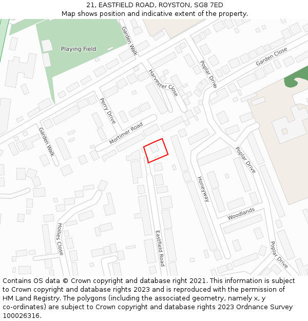 21, EASTFIELD ROAD, ROYSTON, SG8 7ED: Location map and indicative extent of plot