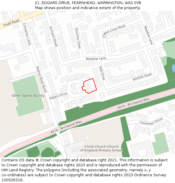 21, EDGARS DRIVE, FEARNHEAD, WARRINGTON, WA2 0YB: Location map and indicative extent of plot
