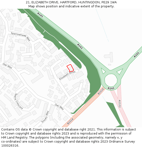 21, ELIZABETH DRIVE, HARTFORD, HUNTINGDON, PE29 1WA: Location map and indicative extent of plot
