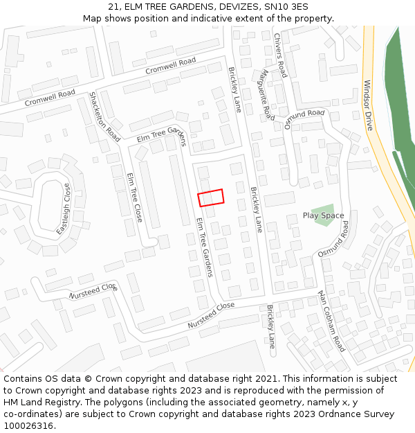 21, ELM TREE GARDENS, DEVIZES, SN10 3ES: Location map and indicative extent of plot