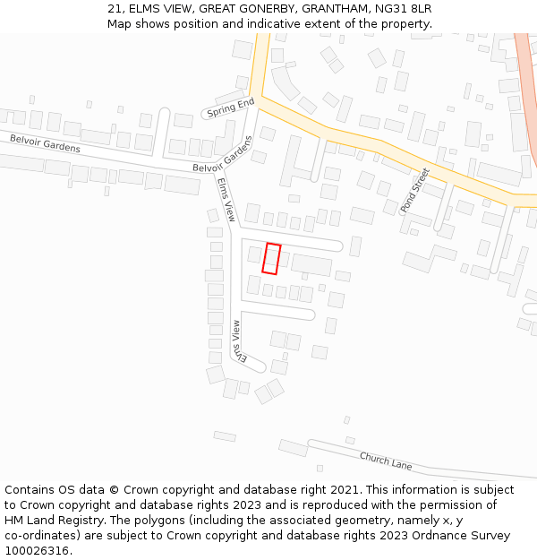 21, ELMS VIEW, GREAT GONERBY, GRANTHAM, NG31 8LR: Location map and indicative extent of plot