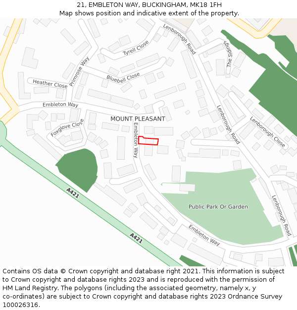21, EMBLETON WAY, BUCKINGHAM, MK18 1FH: Location map and indicative extent of plot