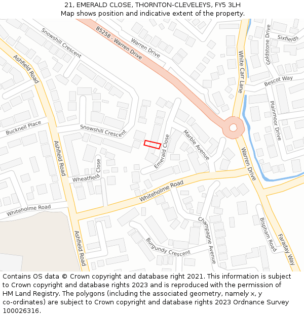 21, EMERALD CLOSE, THORNTON-CLEVELEYS, FY5 3LH: Location map and indicative extent of plot