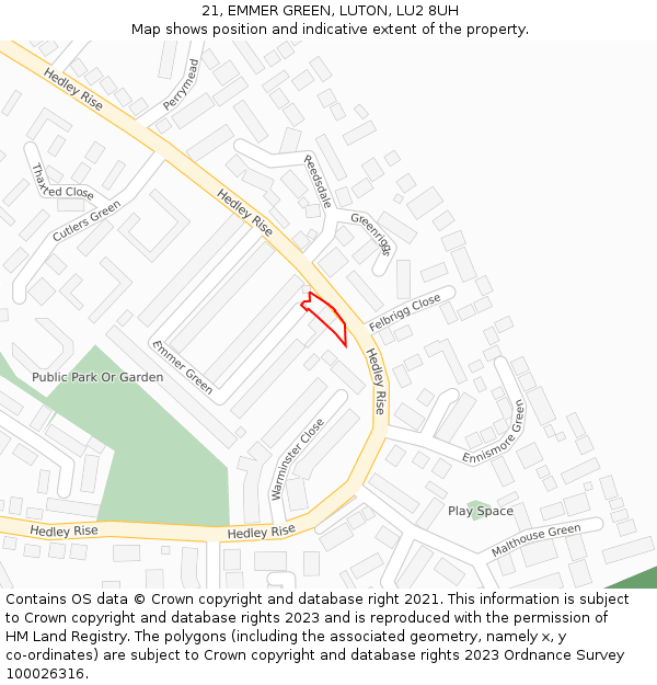 21, EMMER GREEN, LUTON, LU2 8UH: Location map and indicative extent of plot