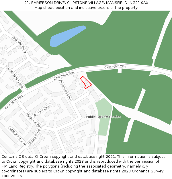 21, EMMERSON DRIVE, CLIPSTONE VILLAGE, MANSFIELD, NG21 9AX: Location map and indicative extent of plot