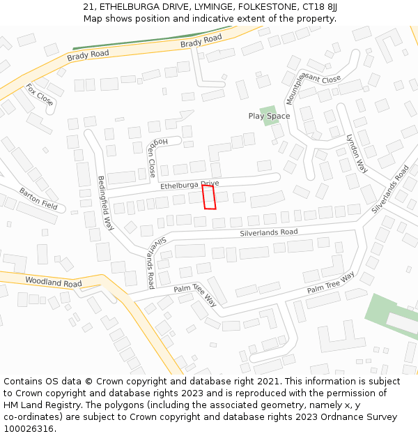 21, ETHELBURGA DRIVE, LYMINGE, FOLKESTONE, CT18 8JJ: Location map and indicative extent of plot