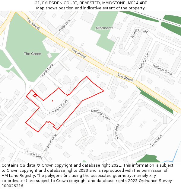 21, EYLESDEN COURT, BEARSTED, MAIDSTONE, ME14 4BF: Location map and indicative extent of plot