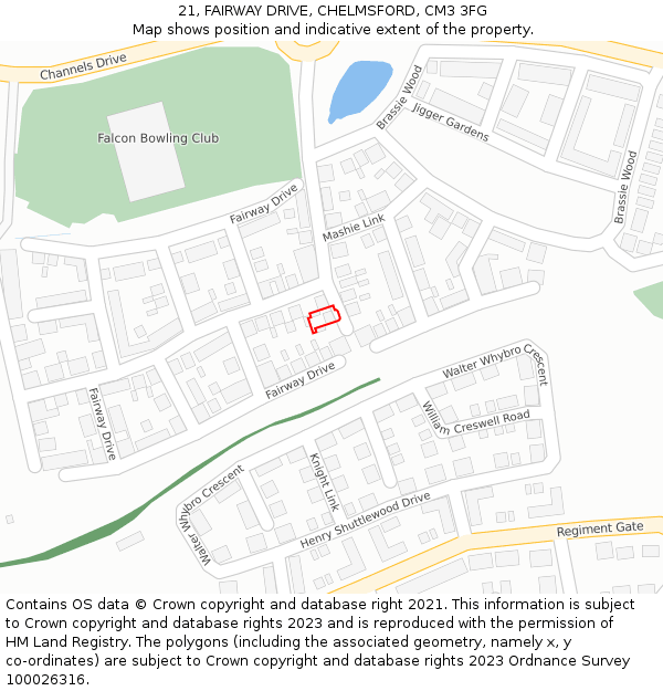 21, FAIRWAY DRIVE, CHELMSFORD, CM3 3FG: Location map and indicative extent of plot